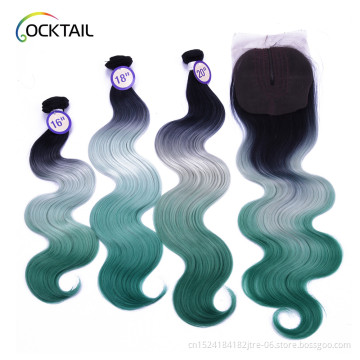 Synthetic Hair Bundles With Lace Closure  Body Wave Bundles Ombre Color Three Bundles with Closure 230g